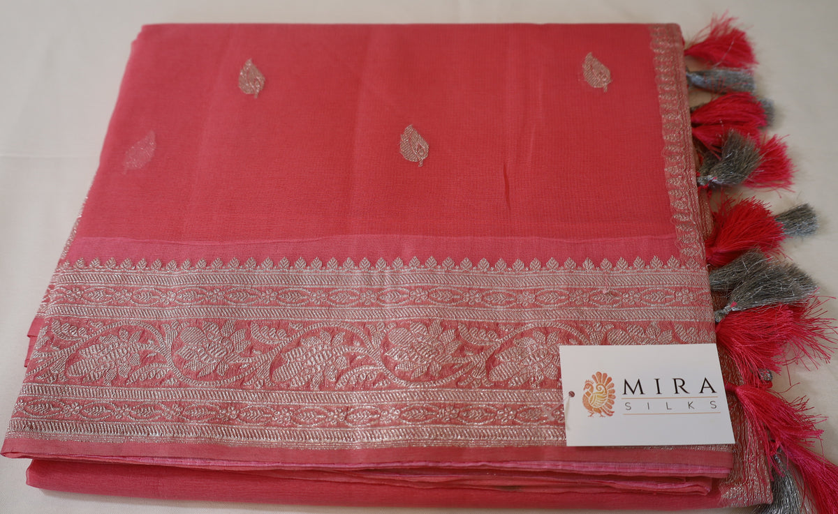 Pink Banaras Chiffon Saree With Silver zari