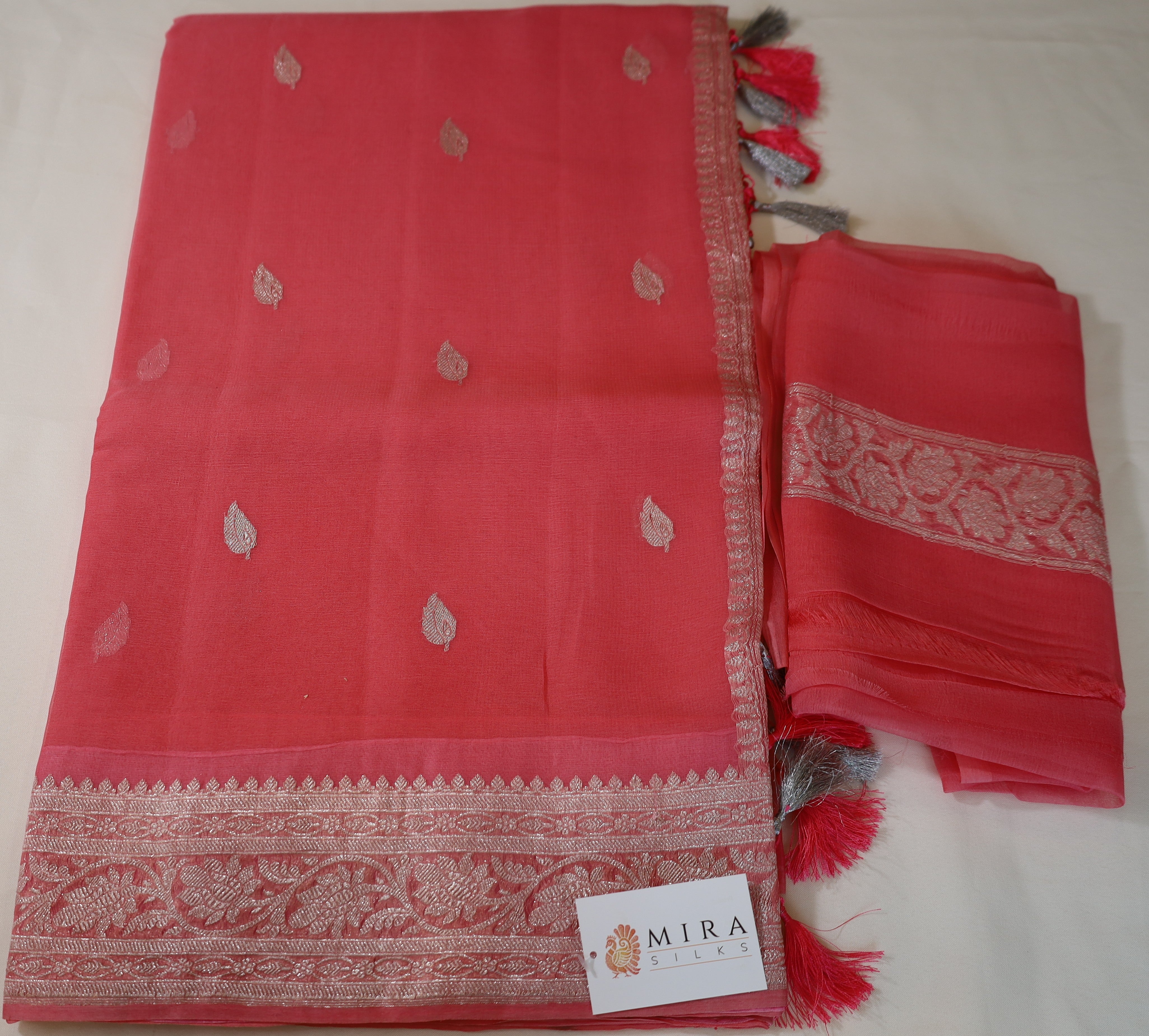 Pink Banaras Chiffon Saree With Silver zari