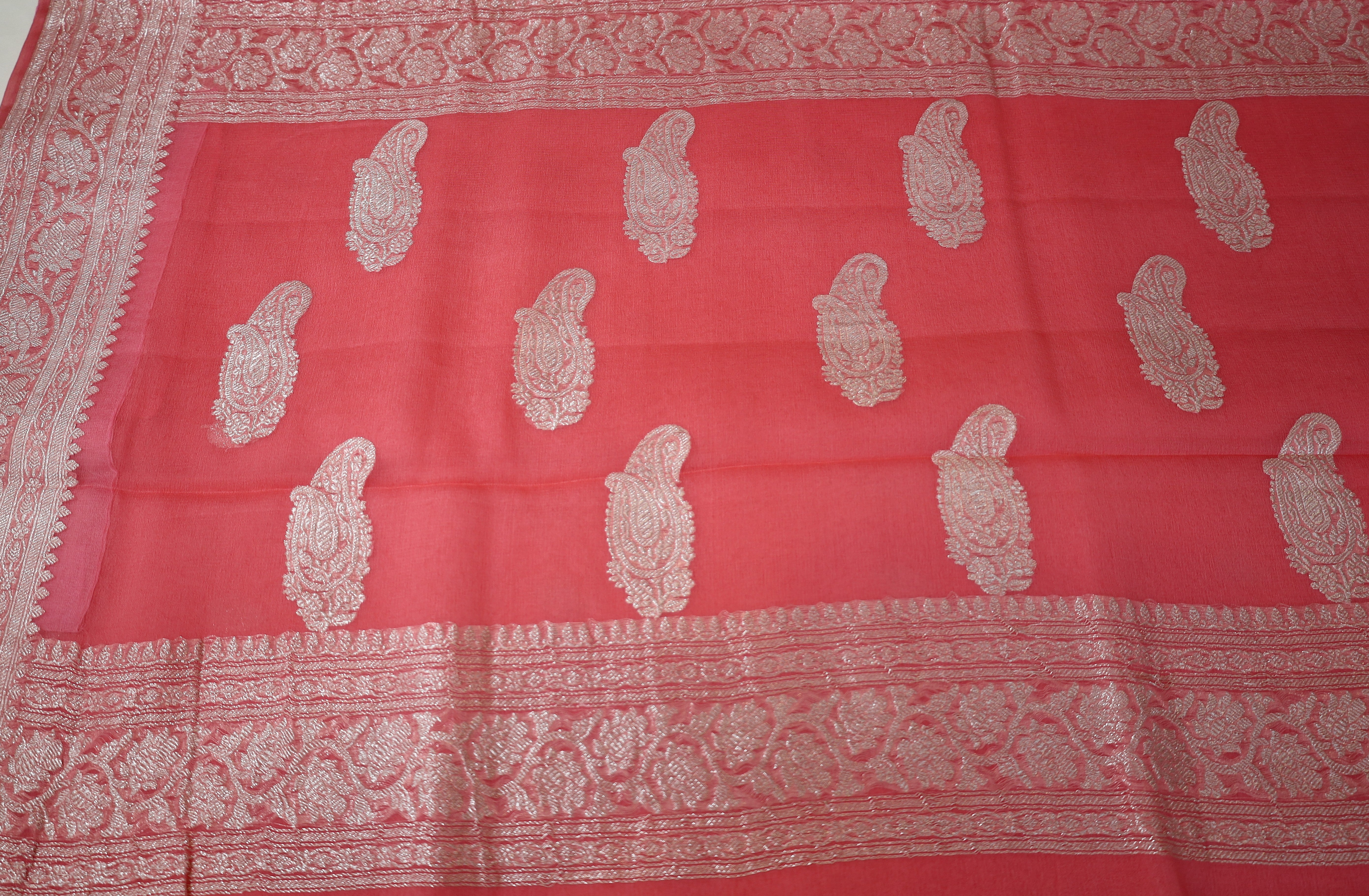 Pink Banaras Chiffon Saree With Silver zari