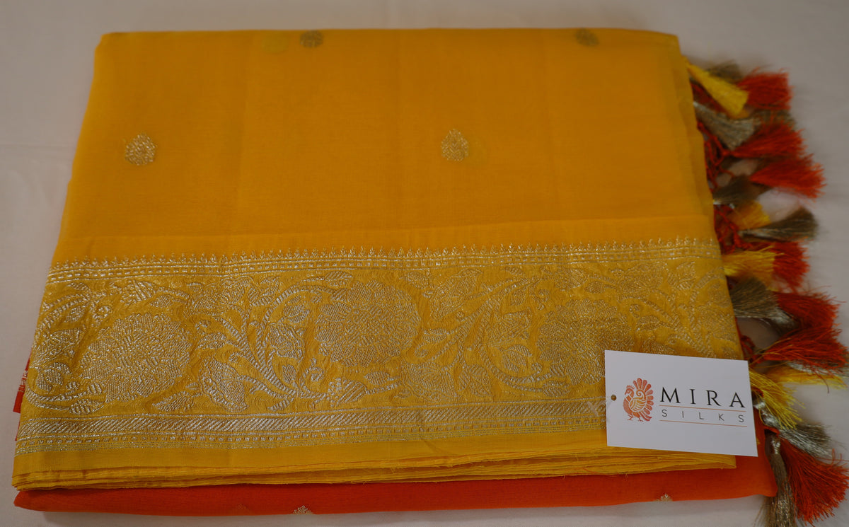 Yellow and Orange Banaras Chiffon Saree With Silver zari