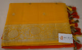 Yellow and Orange Banaras Chiffon Saree With Silver zari
