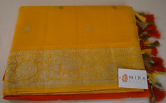 Yellow and Orange Banaras Chiffon Saree With Silver zari