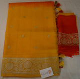Yellow and Orange Banaras Chiffon Saree With Silver zari
