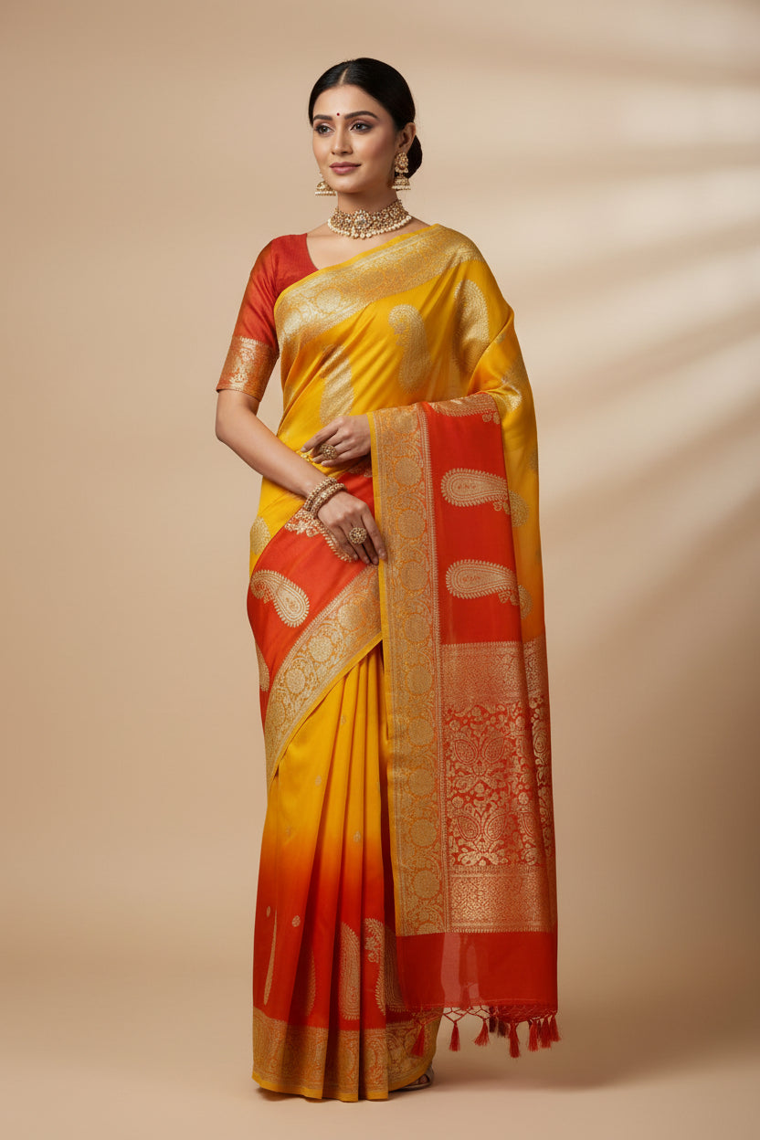 Yellow and Orange Banaras Chiffon Saree With Silver zari