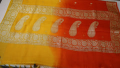 Yellow and Orange Banaras Chiffon Saree With Silver zari