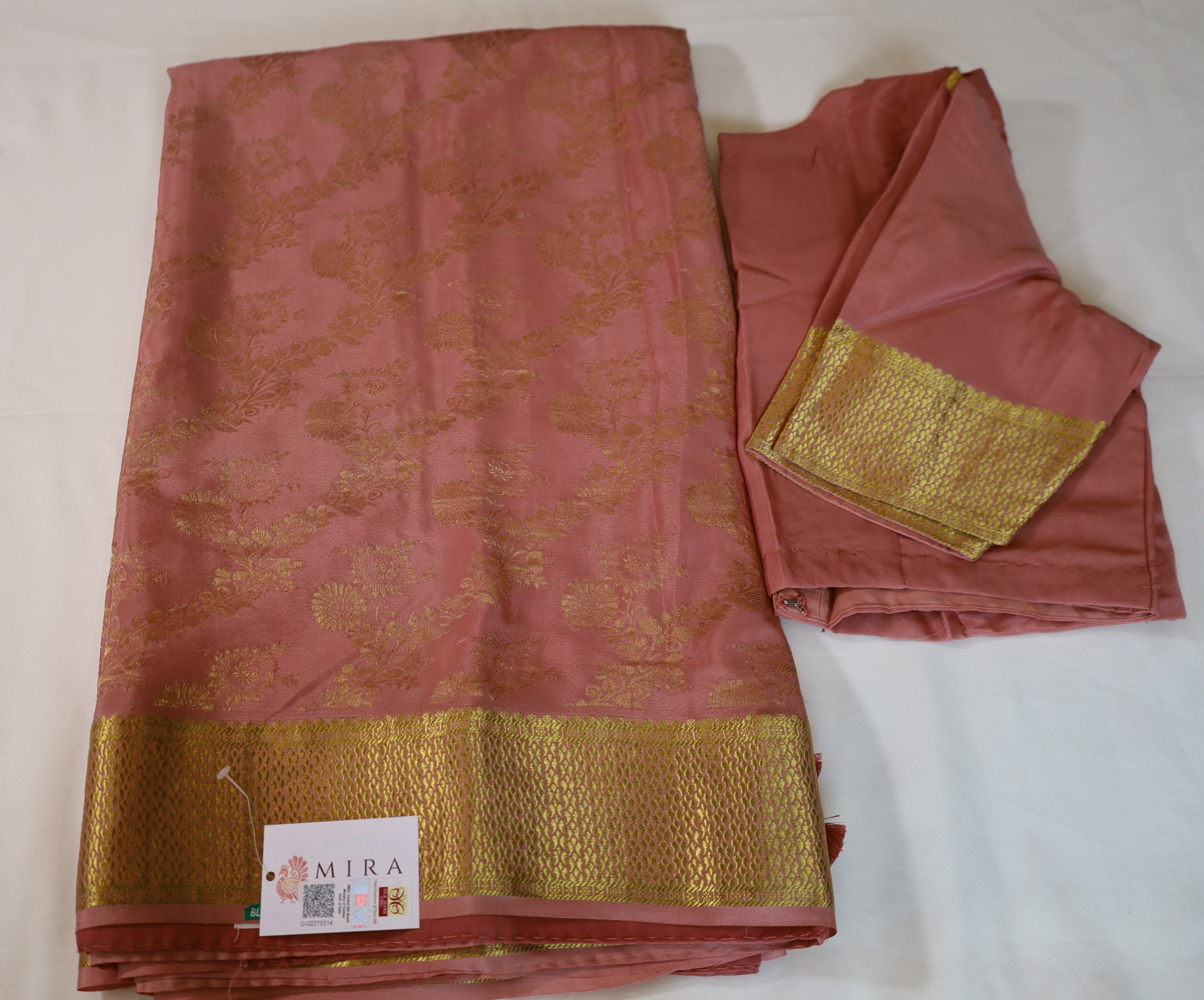 Coral Pink Mysore Pure Silk Saree with Zari border