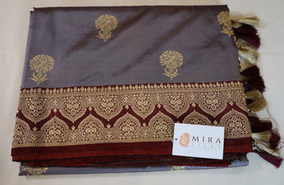 Elegant Pure Silk Gray Banaras Katan Silk Saree