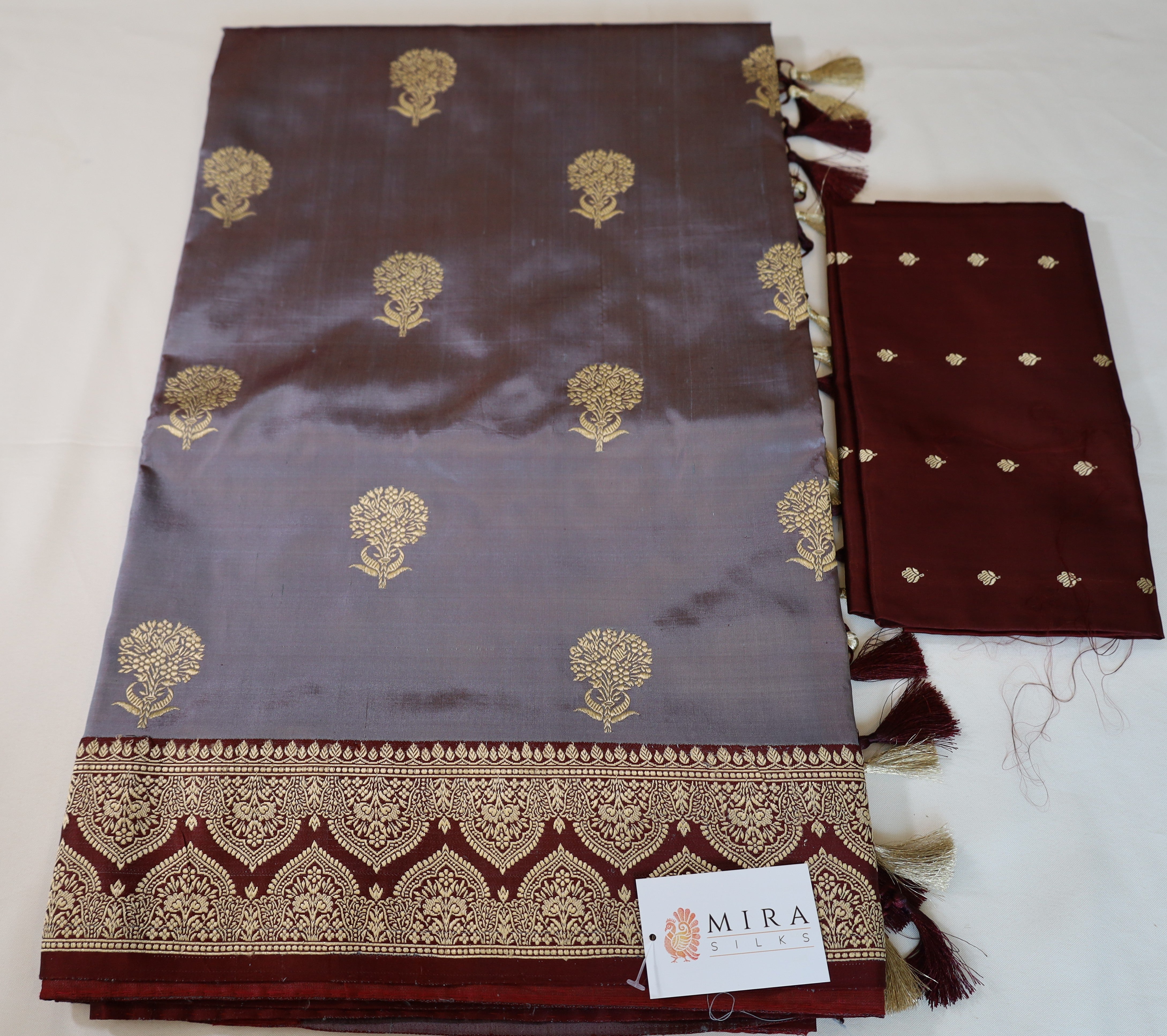 Elegant Pure Silk Gray Banaras Katan Silk Saree