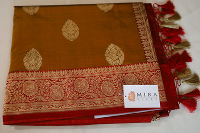 Elegant pure silk Rust Orange Banaras Katan Silk Saree