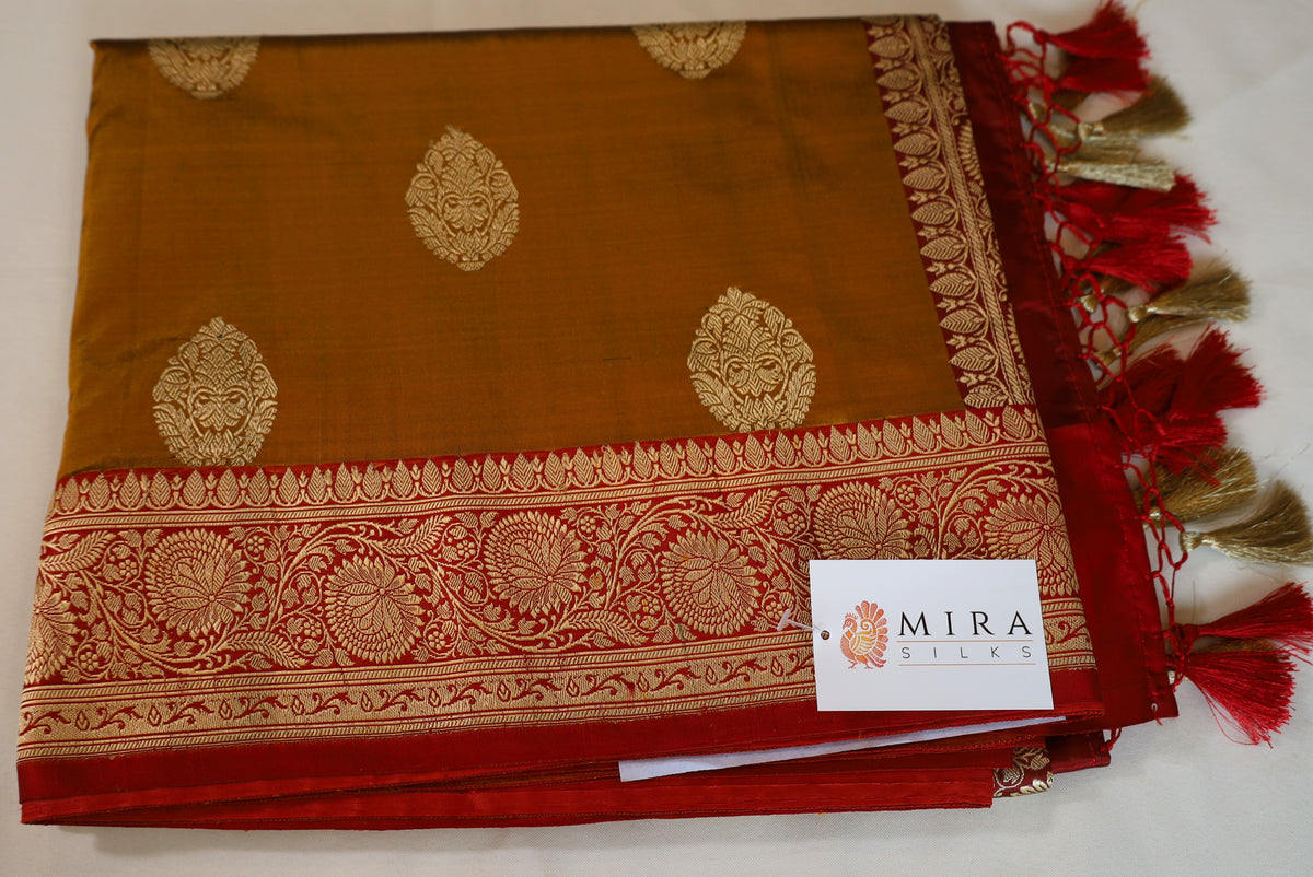 Elegant pure silk Rust Orange Banaras Katan Silk Saree