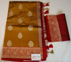 Elegant pure silk Rust Orange Banaras Katan Silk Saree