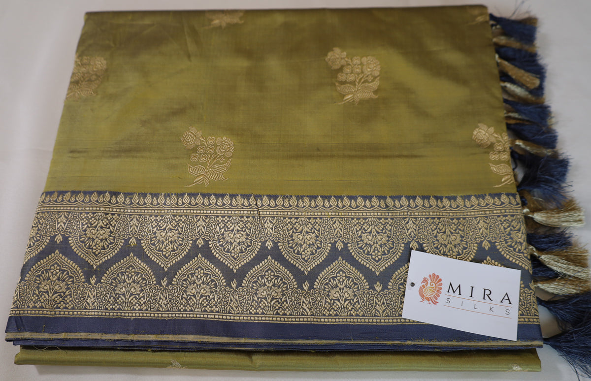 Elegant pure silk Moss Green Banaras Katan Silk Saree