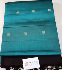 Dark Turquoise Blue Retta Pettu Soft Silk Saree with Coffee Brown border & Pallu