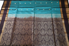 Dark Turquoise Blue Retta Pettu Soft Silk Saree with Coffee Brown border & Pallu