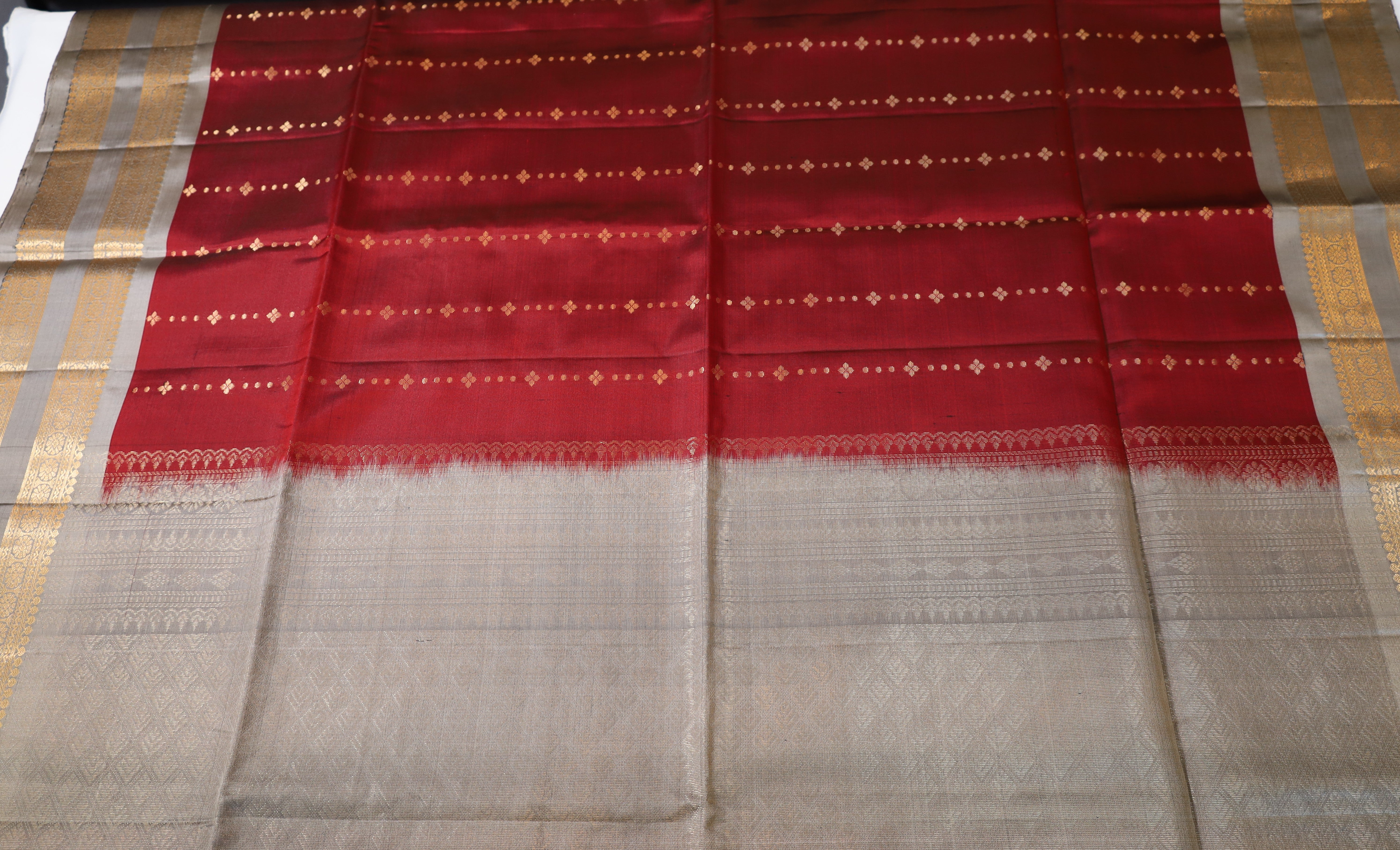 Maroon Red Retta Pettu Soft Silk Saree with Gray border & Pallu