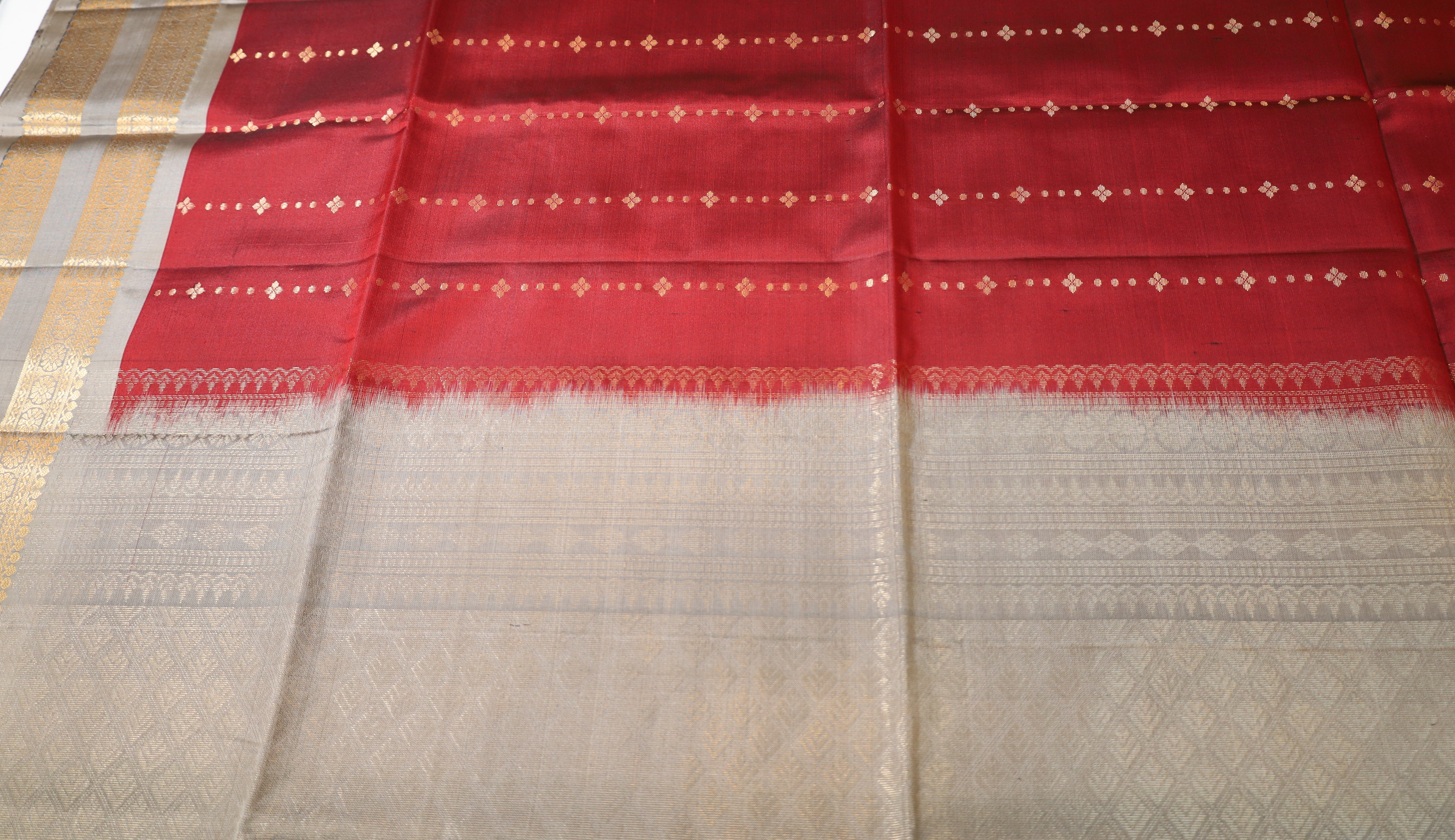 Maroon Red Retta Pettu Soft Silk Saree with Gray border & Pallu