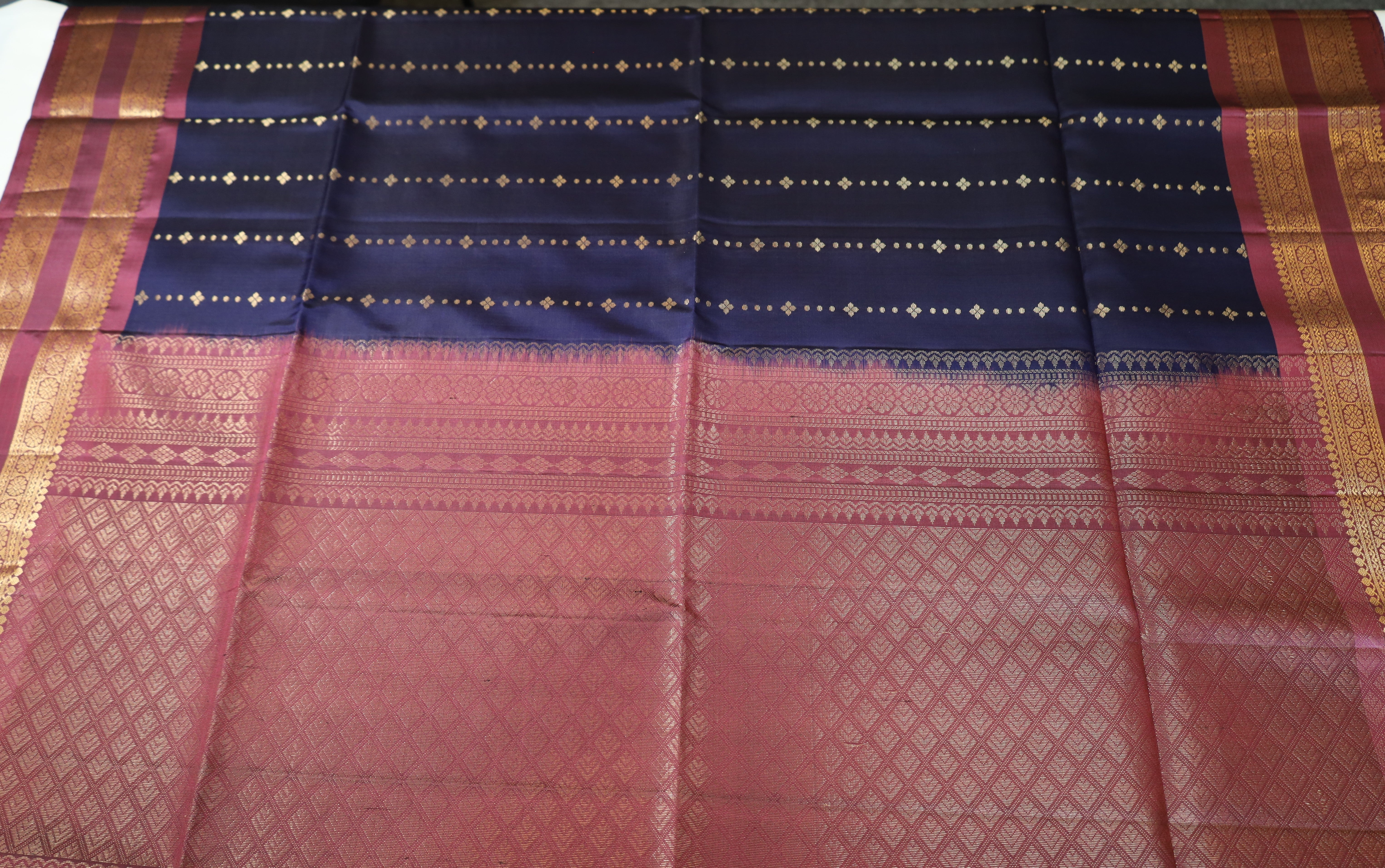 Navy Blue Retta Pettu Soft Silk Saree with Dust Rose Pink border & Pallu