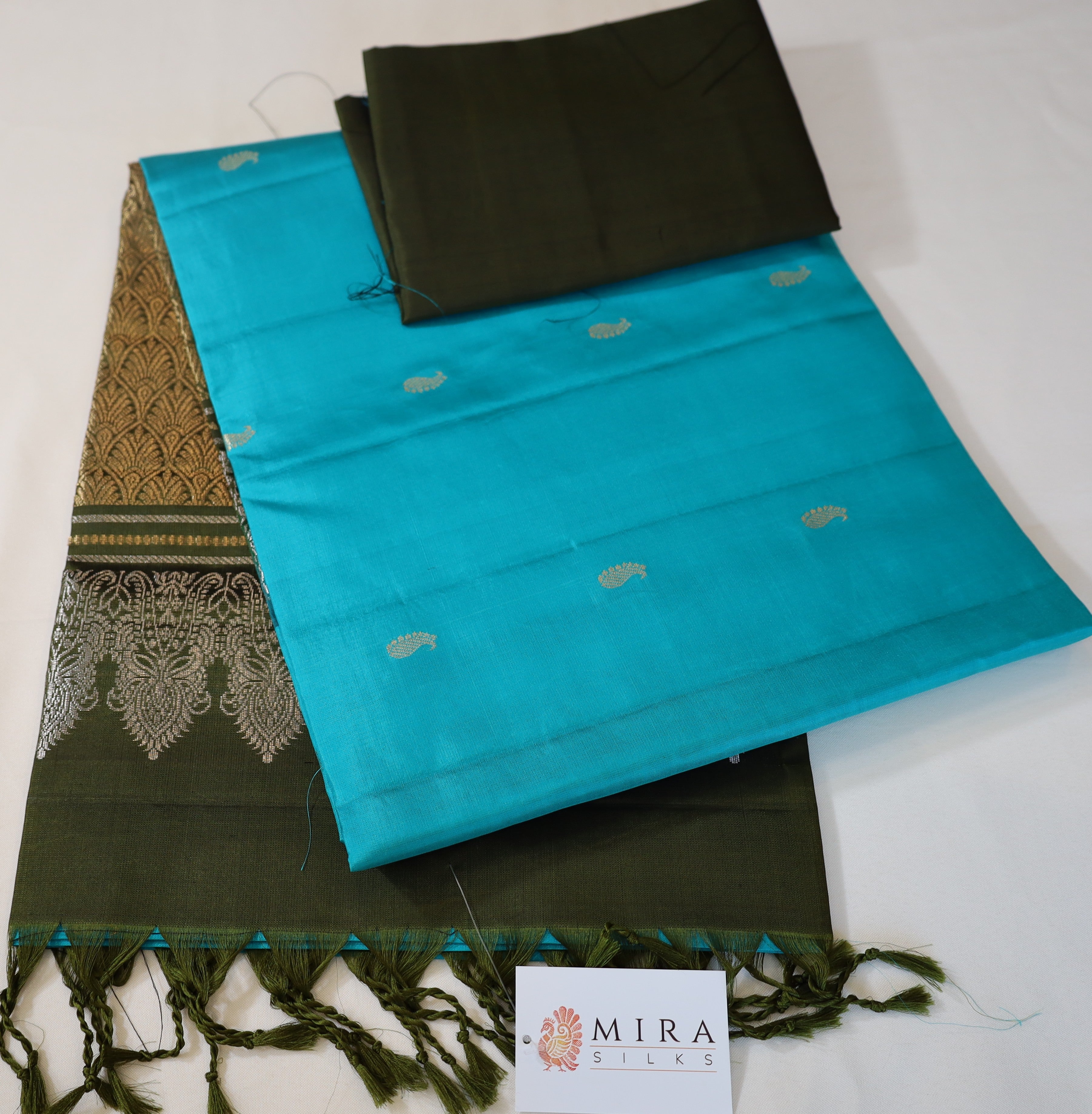 Turquoise Blue Soft Silk Saree with Moss Green Pallu