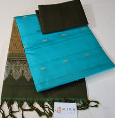 Turquoise Blue Soft Silk Saree with Moss Green Pallu