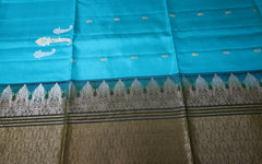 Turquoise Blue Soft Silk Saree with Moss Green Pallu