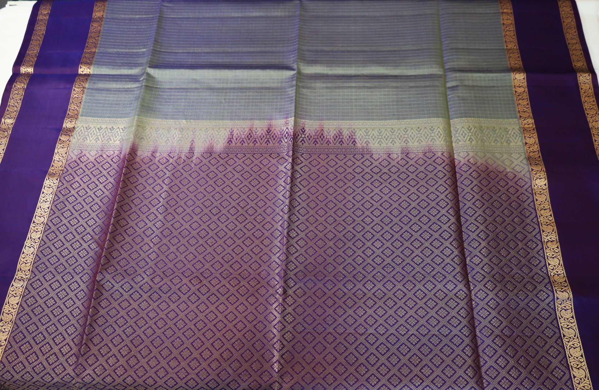 Gray Retta Pettu Soft Silk Saree with Purple border & Pallu