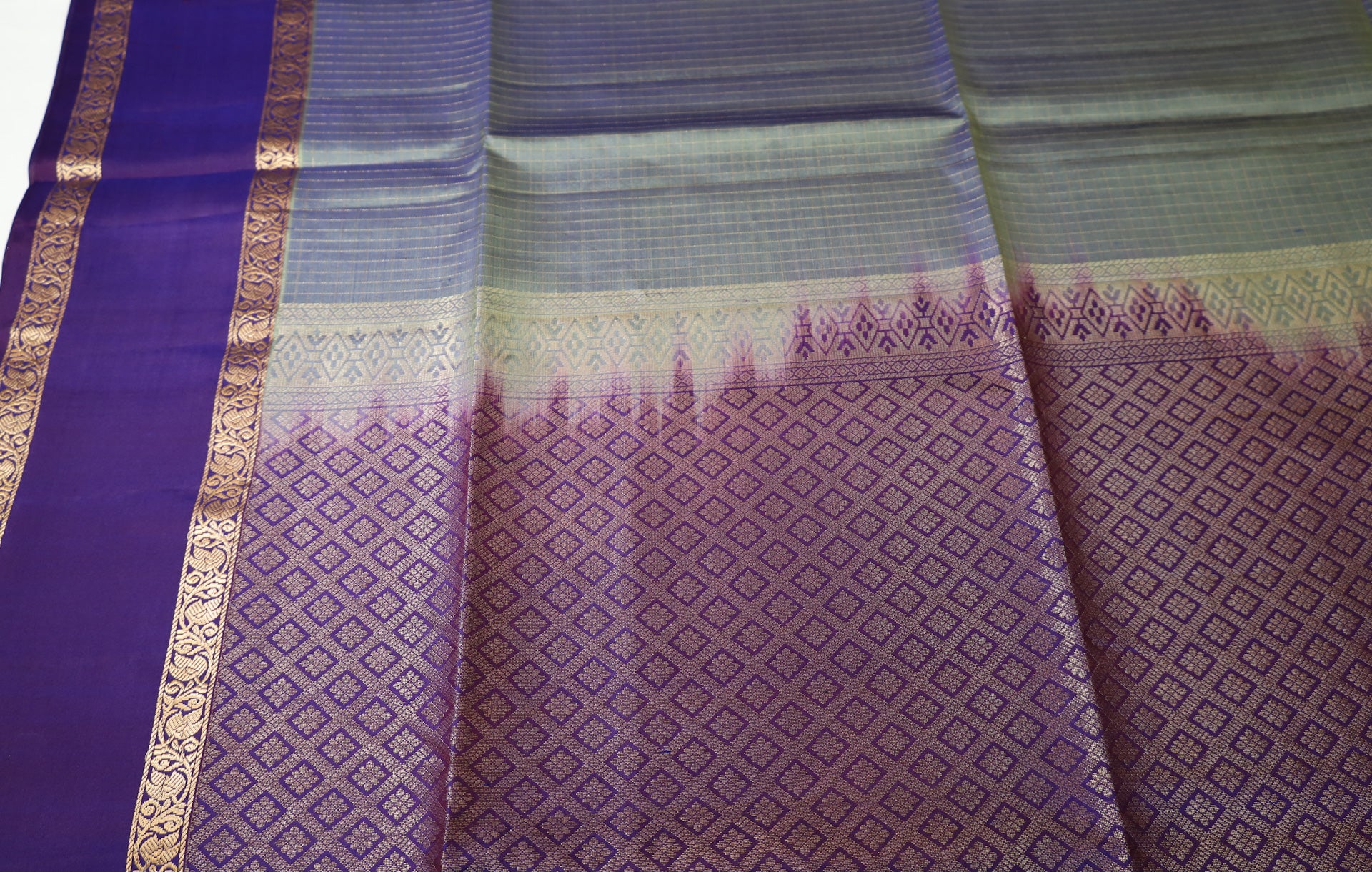 Gray Retta Pettu Soft Silk Saree with Purple border & Pallu