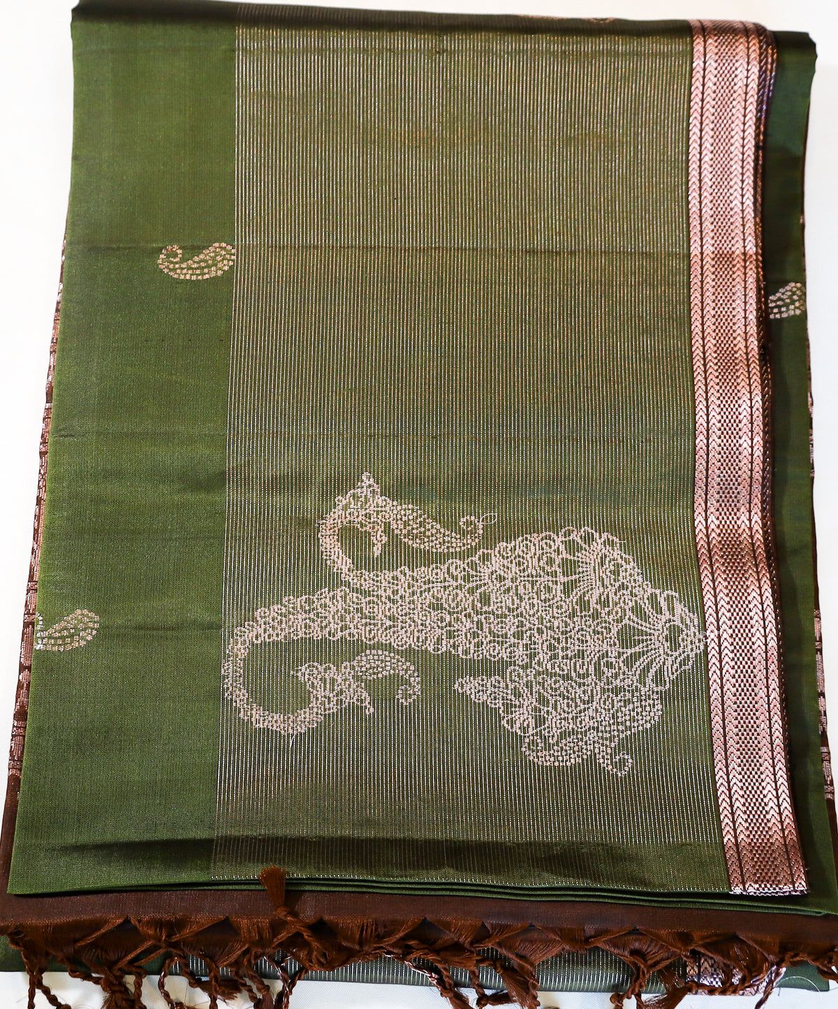 Dark Moss Green Soft Silk Saree with Brown Pallu