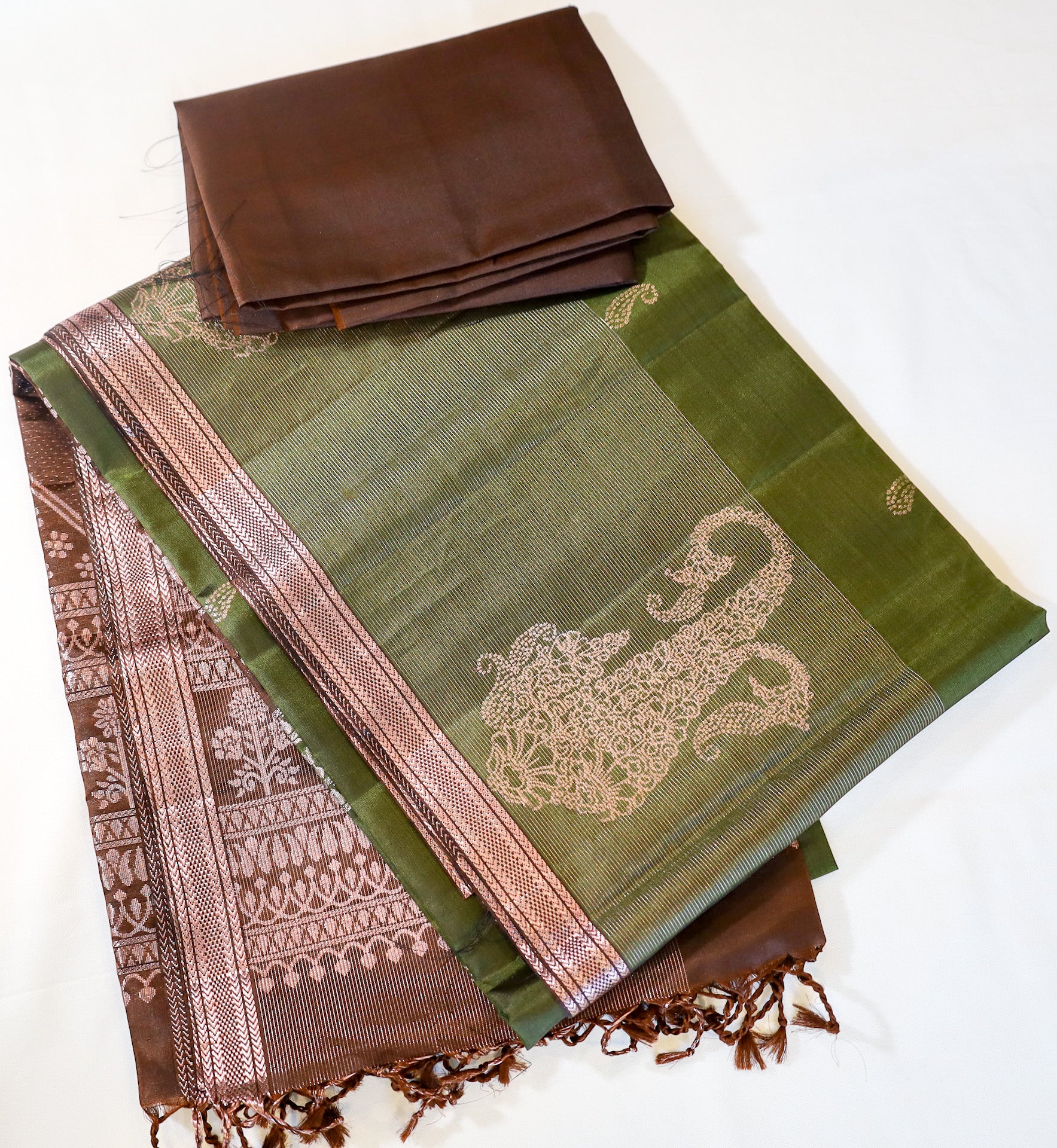 Dark Moss Green Soft Silk Saree with Brown Pallu