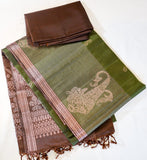 Dark Moss Green Soft Silk Saree with Brown Pallu