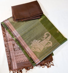 Dark Moss Green Soft Silk Saree with Brown Pallu
