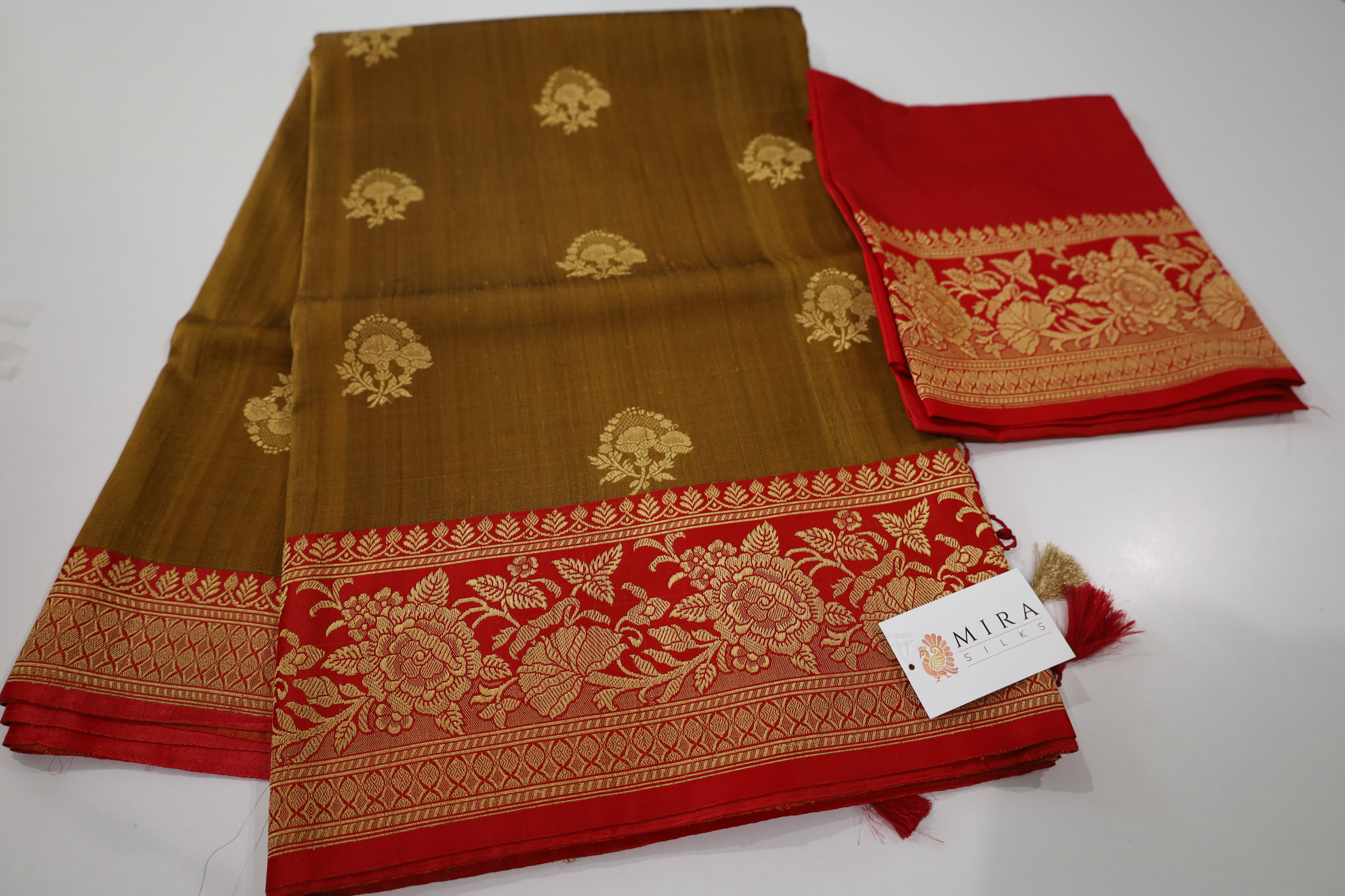 Mustard Banaras Tassar Silk Saree with red Border