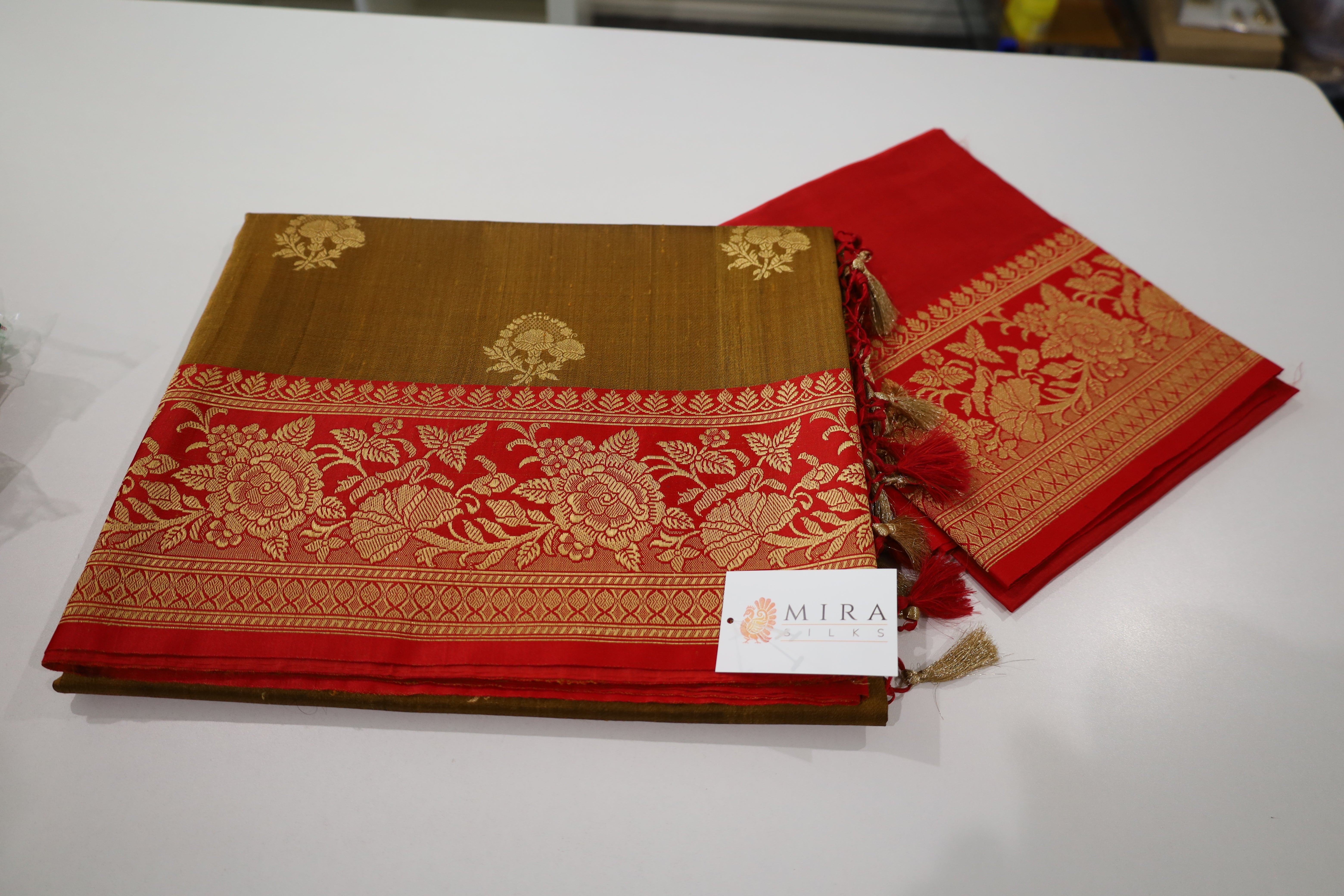 Mustard Banaras Tassar Silk Saree with red Border
