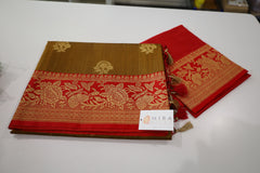 Mustard Banaras Tassar Silk Saree with red Border