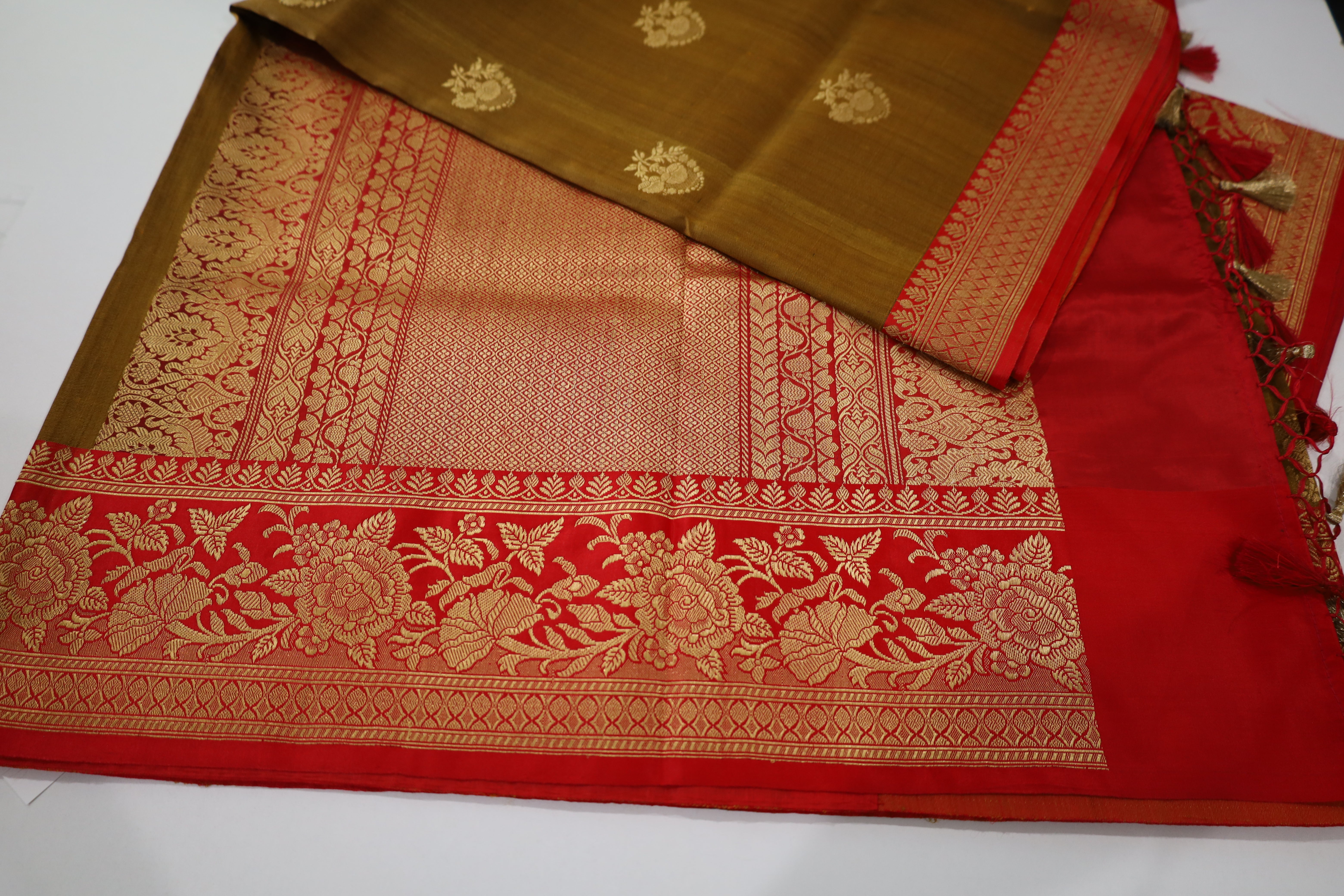 Mustard Banaras Tassar Silk Saree with red Border