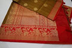 Mustard Banaras Tassar Silk Saree with red Border