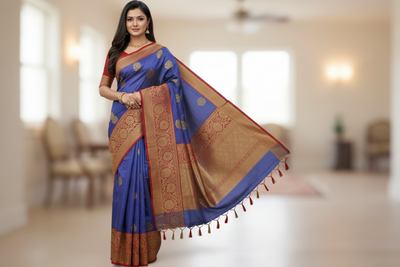 Blue Banaras Tassar Silk Saree with red Border (Copy)