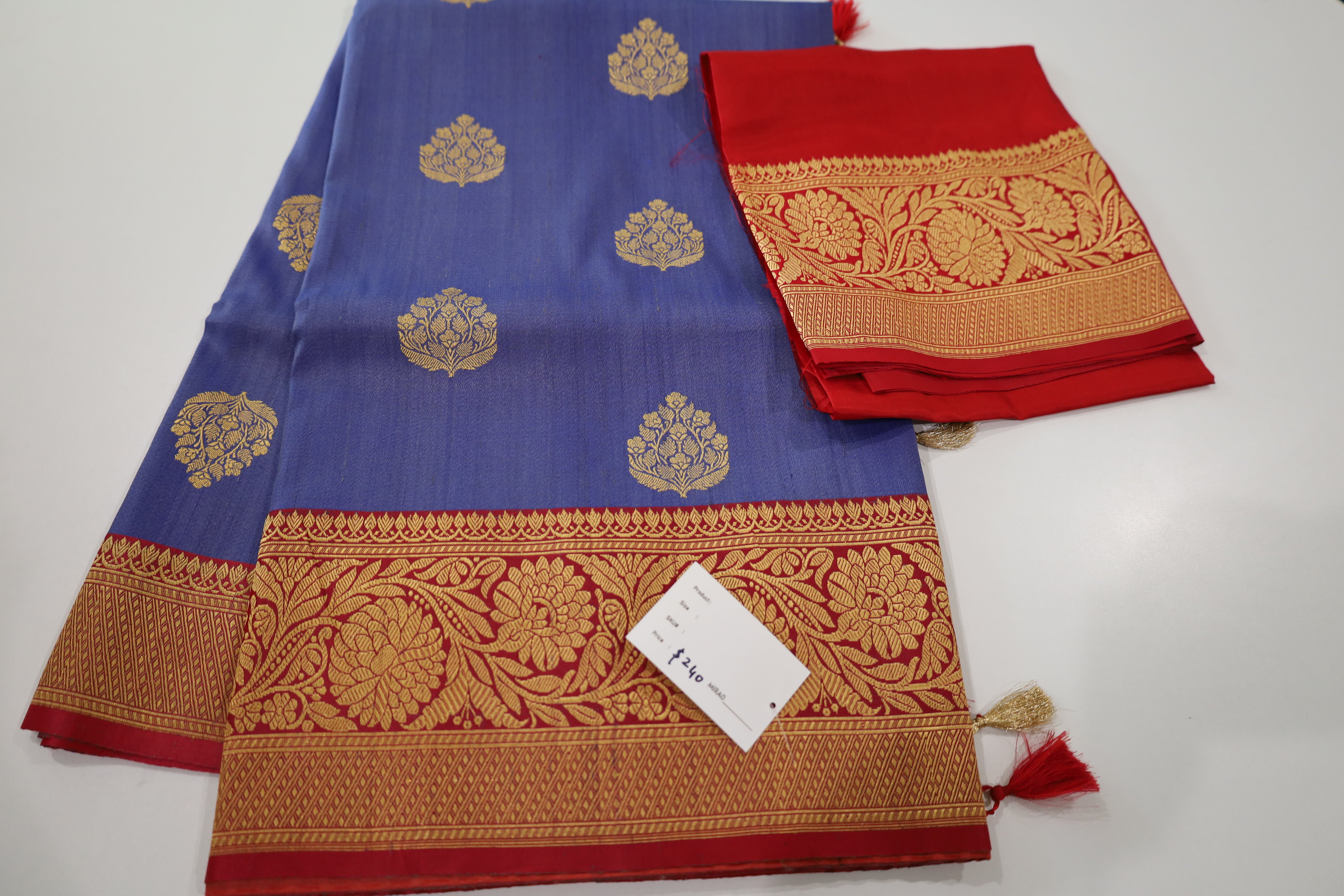 Blue Banaras Tassar Silk Saree with red Border (Copy)