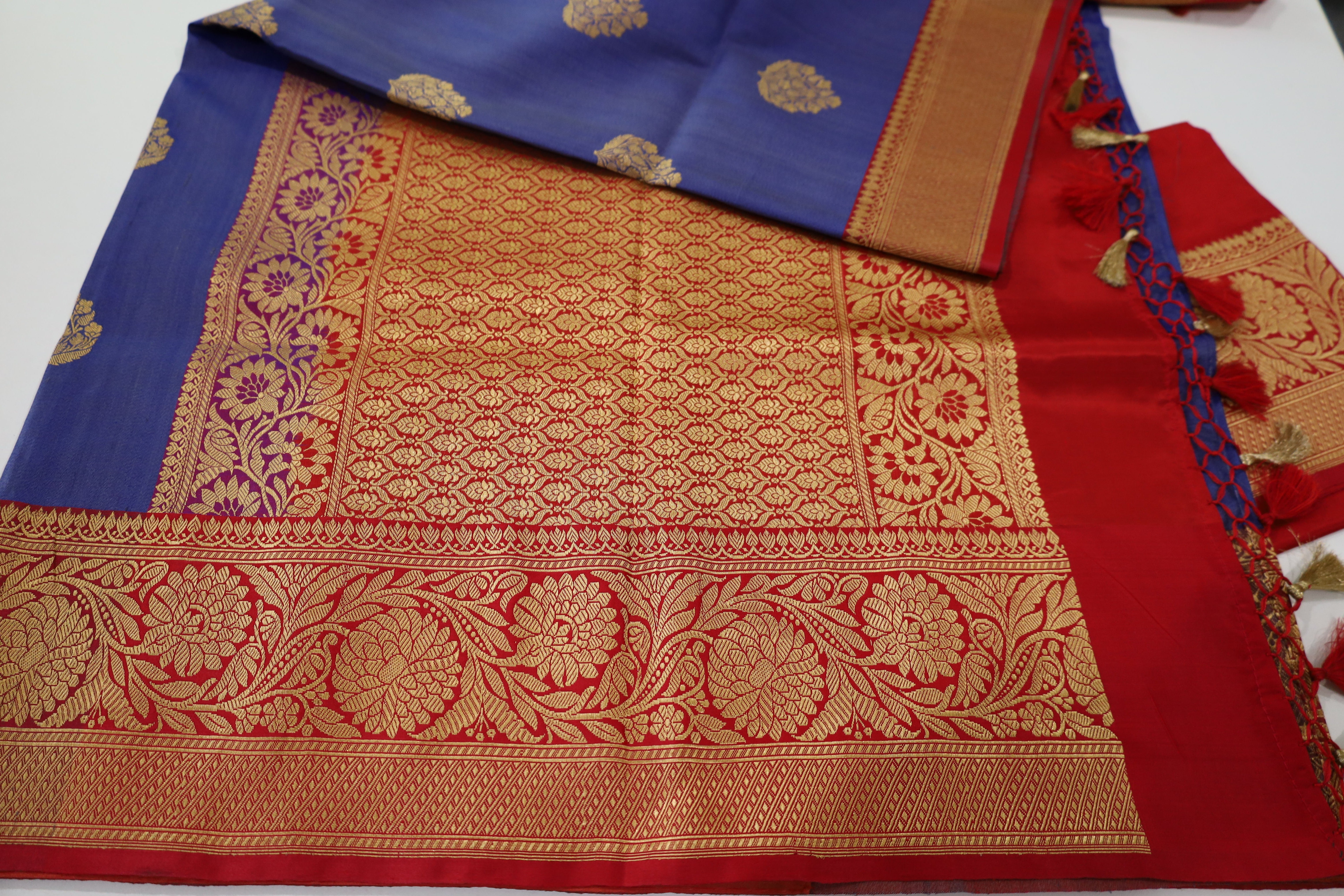 Blue Banaras Tassar Silk Saree with red Border (Copy)