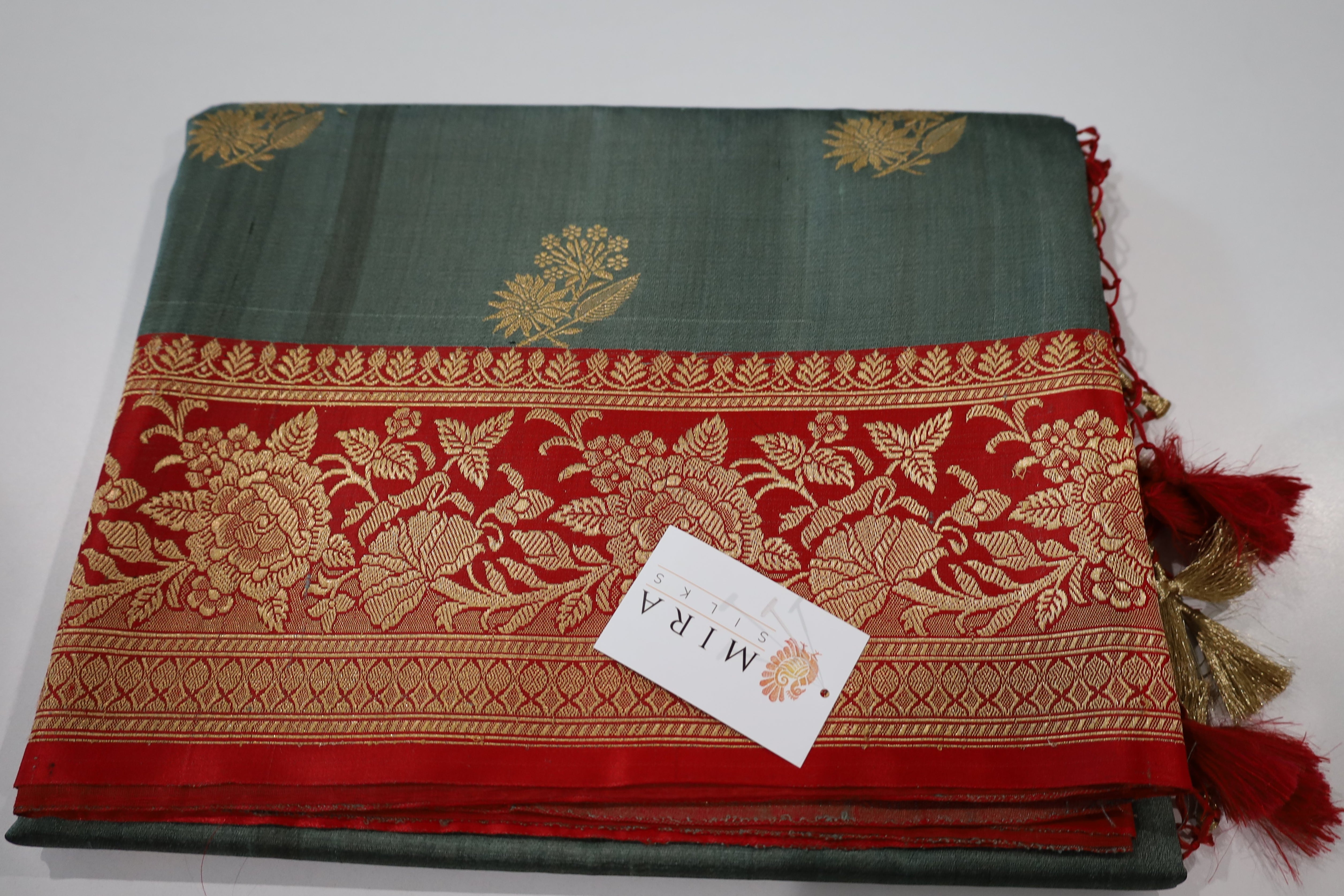Sage Green Banaras Tassar Silk Saree with red Border