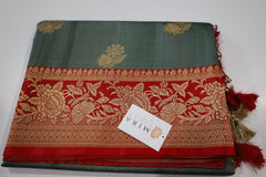 Sage Green Banaras Tassar Silk Saree with red Border