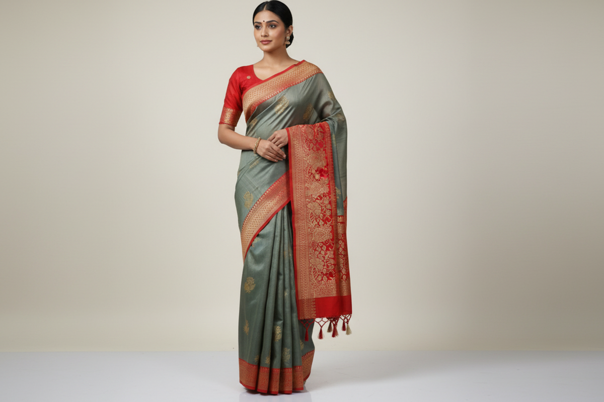 Sage Green Banaras Tassar Silk Saree with red Border