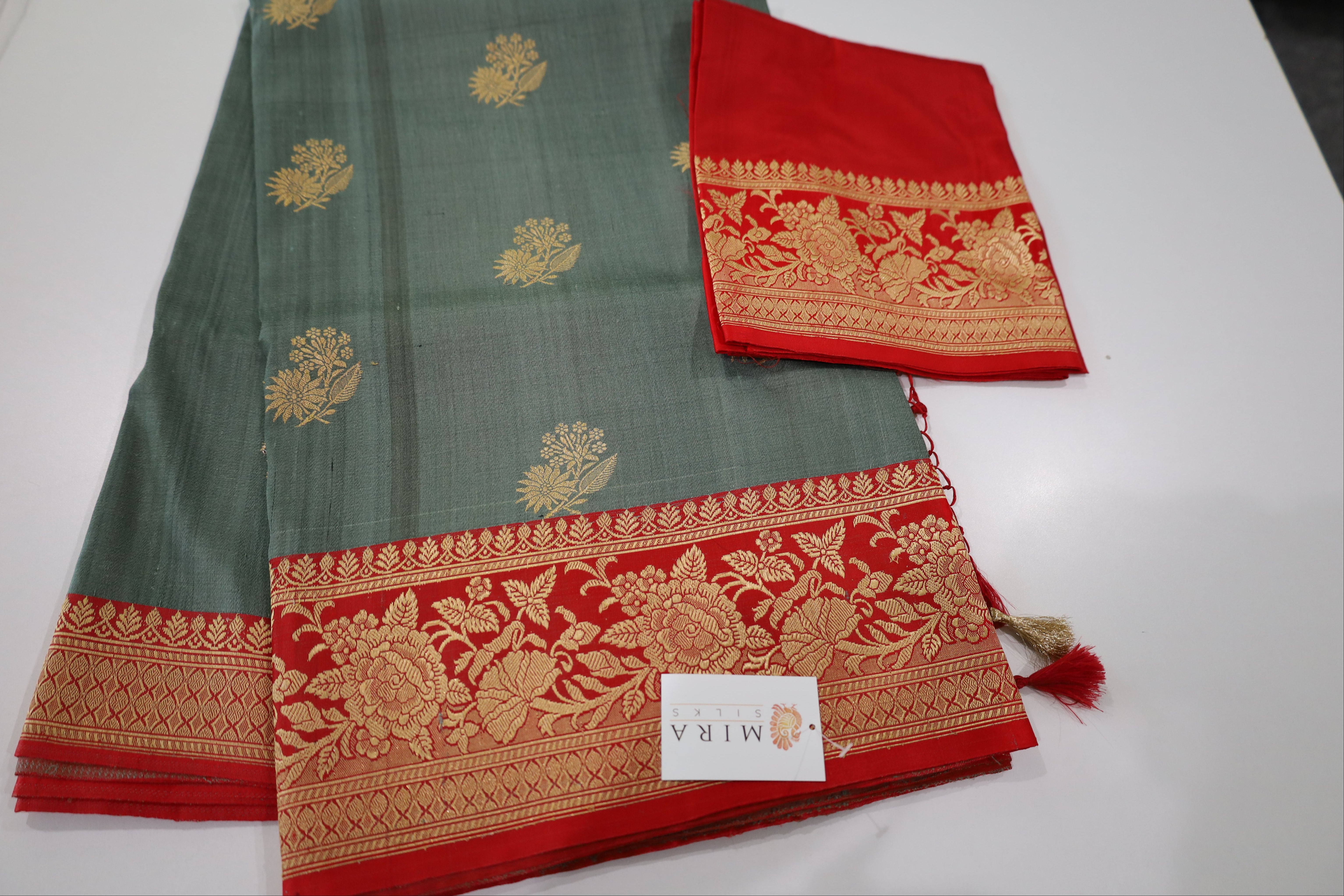 Sage Green Banaras Tassar Silk Saree with red Border