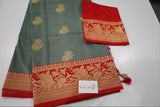 Sage Green Banaras Tussar Silk Saree with red Border