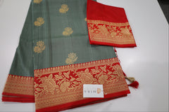 Sage Green Banaras Tassar Silk Saree with red Border