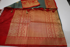 Sage Green Banaras Tassar Silk Saree with red Border