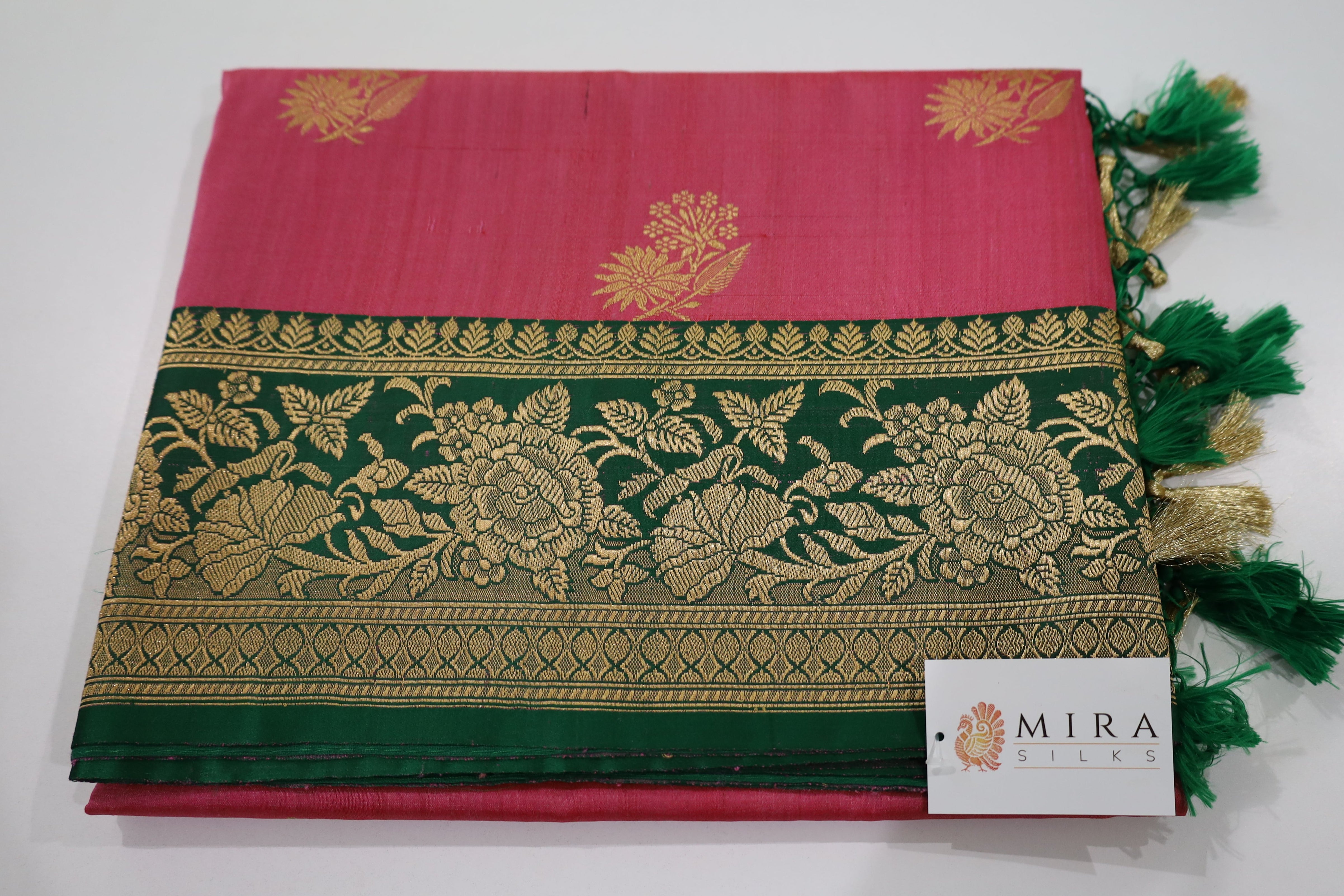 Ruby Pink Banaras Tassar Silk Saree with Green Border