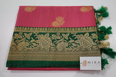 Ruby Pink Banaras Tassar Silk Saree with Green Border