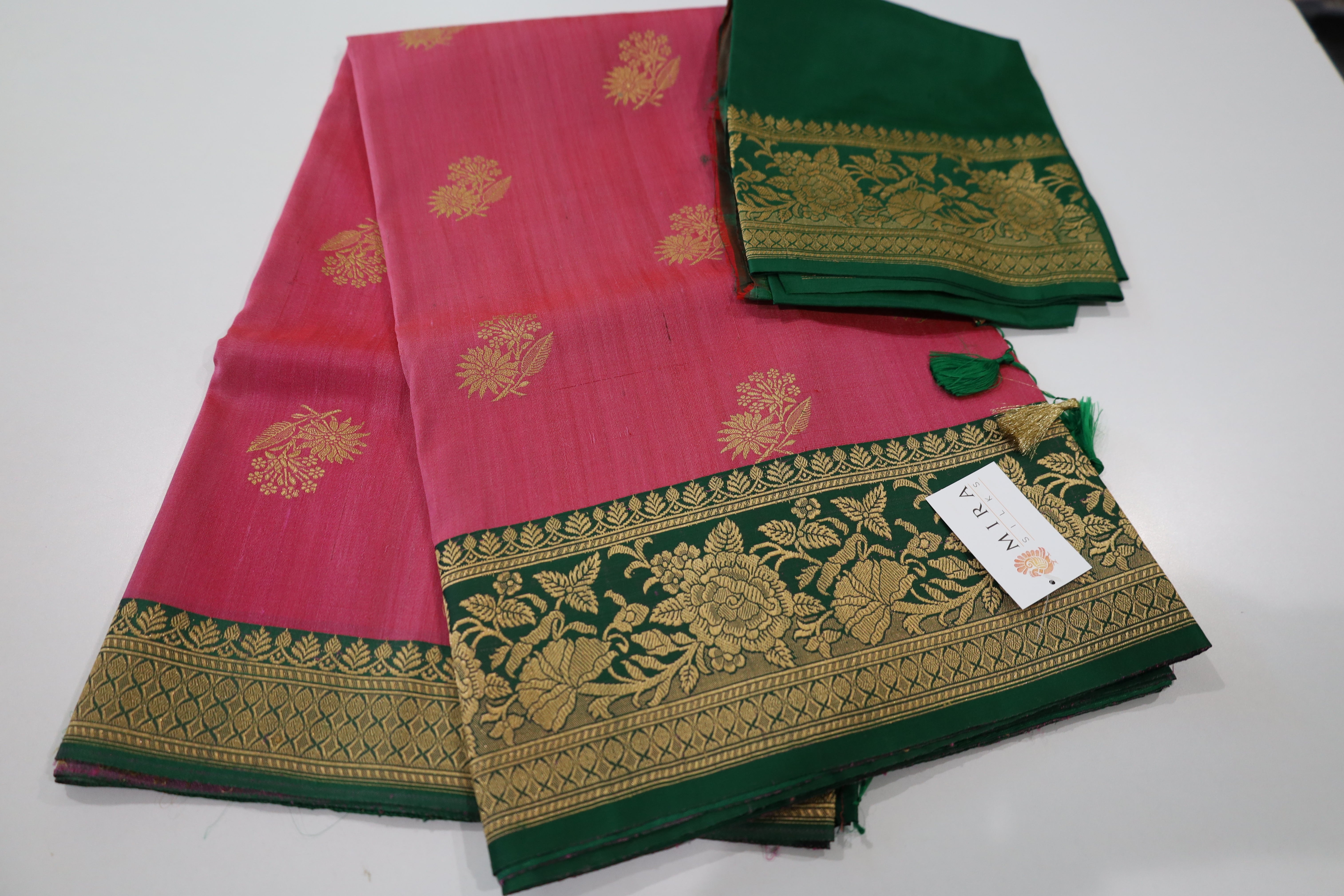Ruby Pink Banaras Tassar Silk Saree with Green Border