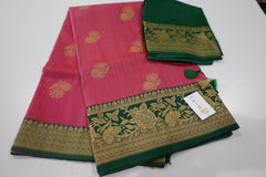 Ruby Pink Banaras Tassar Silk Saree with Green Border