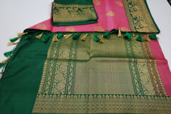 Ruby Pink Banaras Tassar Silk Saree with Green Border